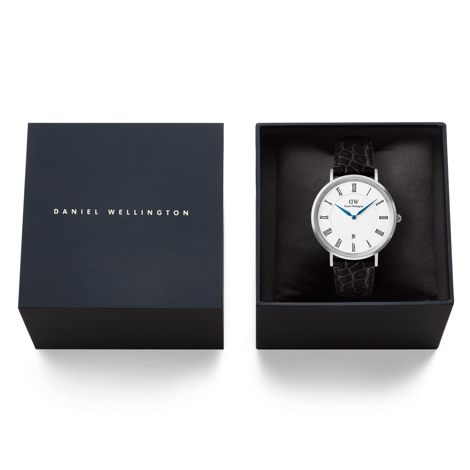 Classic Roman Numerals Date Black Croc Belly Silver