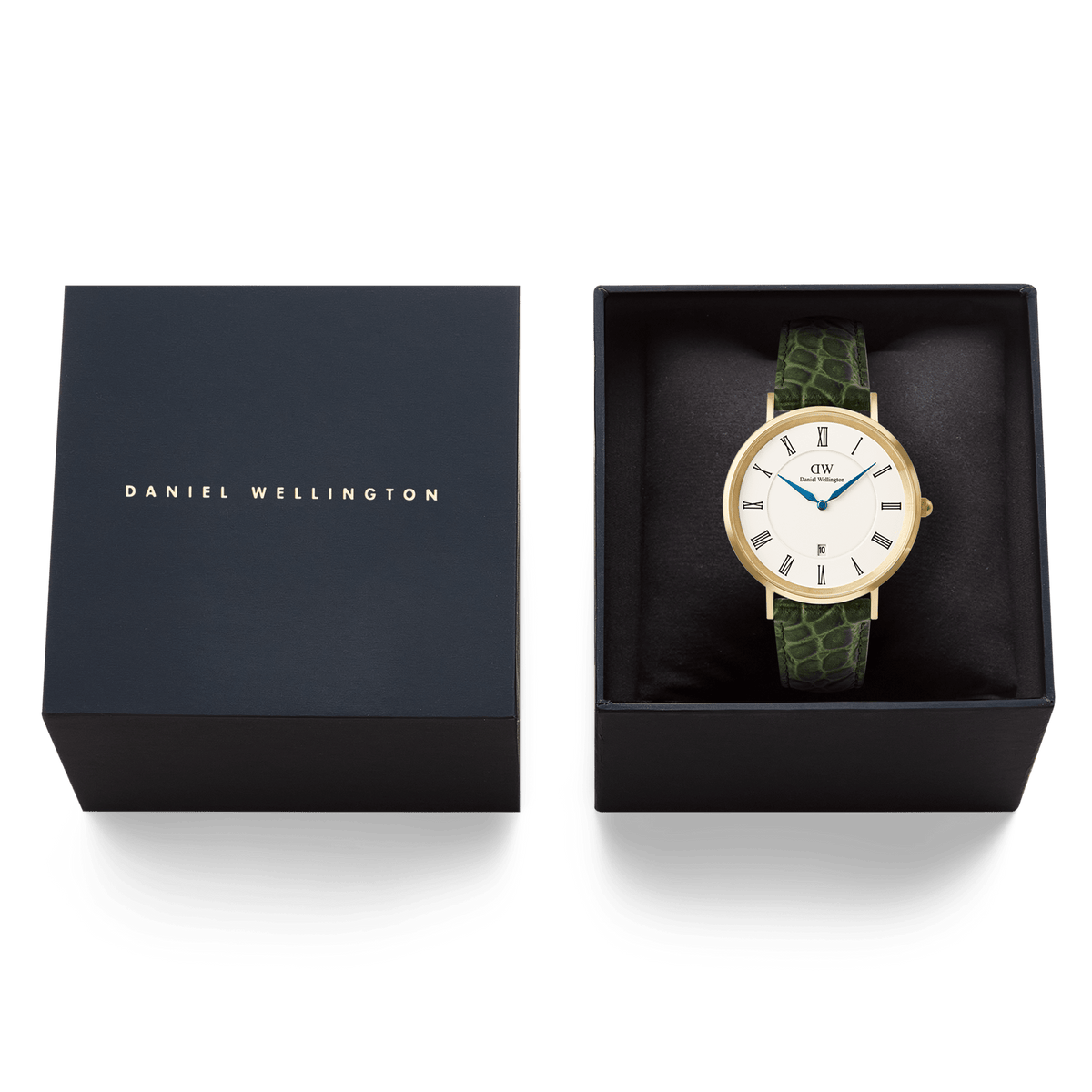 Classic Roman Numerals Date Dark Green Croc Belly Gold
