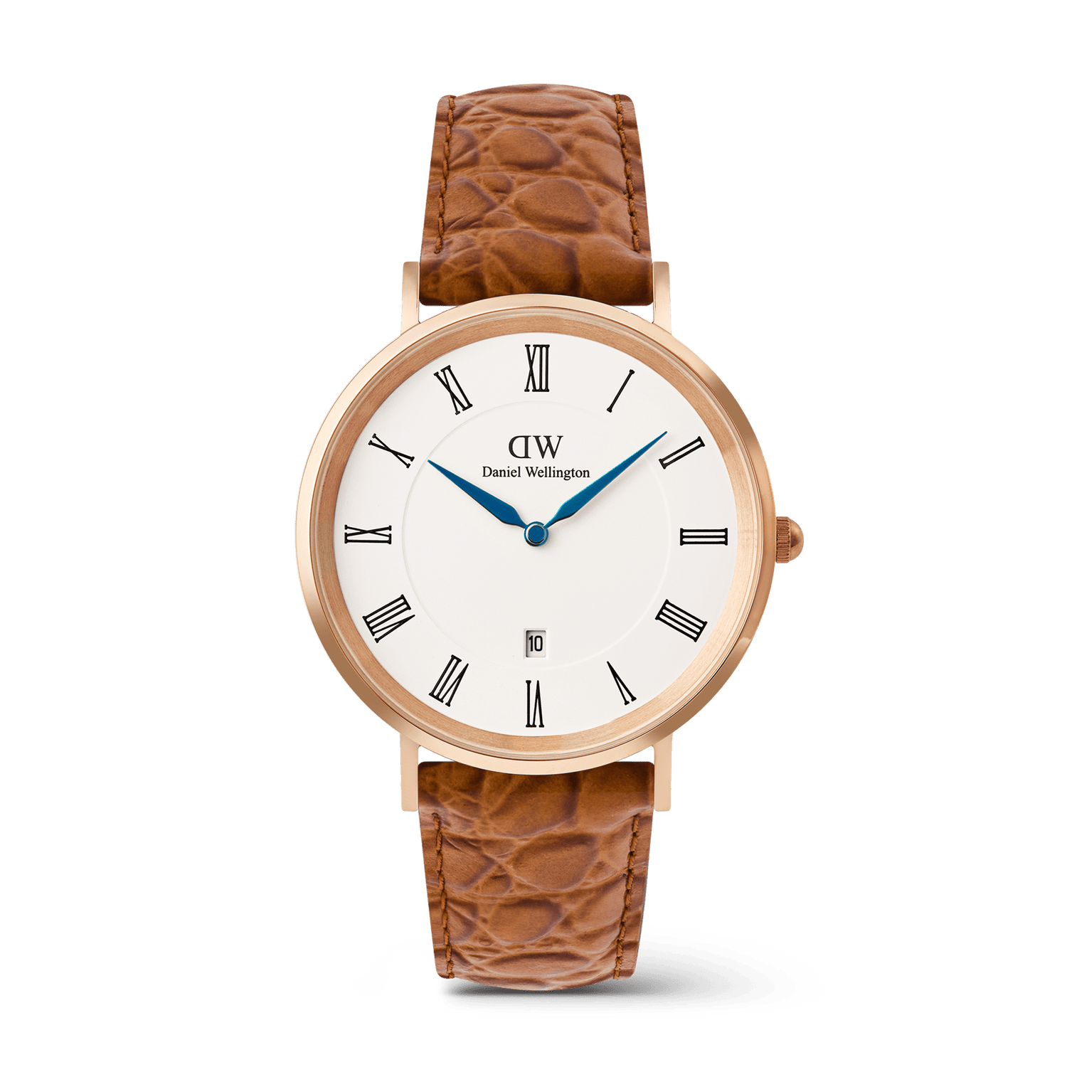 Classic Roman Numerals Date Light Brown Croc Belly Rose Gold