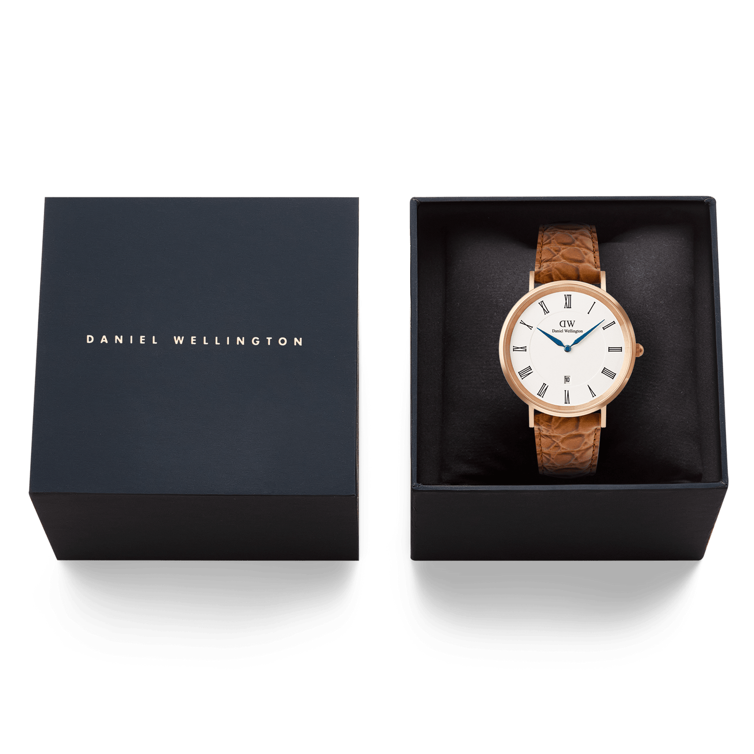 Classic Roman Numerals Date Light Brown Croc Belly Rose Gold