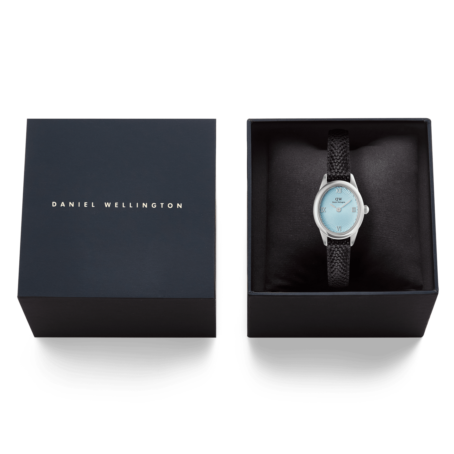 Ophelia Mini Black Lizard Ice Blue Guilloché Silver