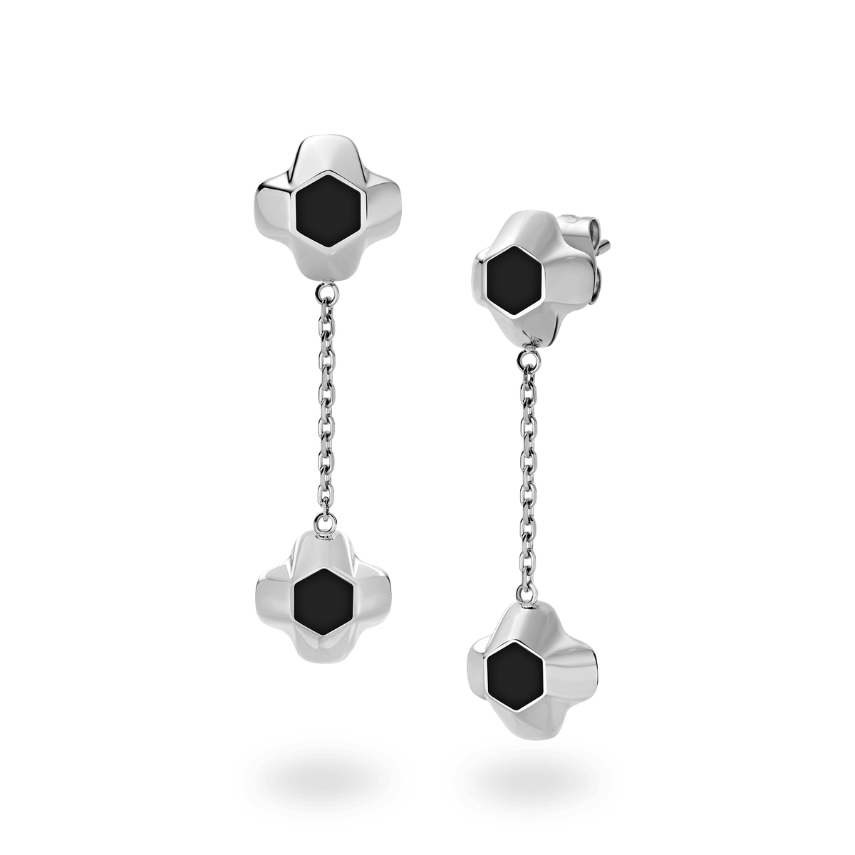 North Star Earrings Drop Black Enamel Silver